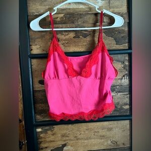 Pink and Red Lace Trim Cami Crop Top